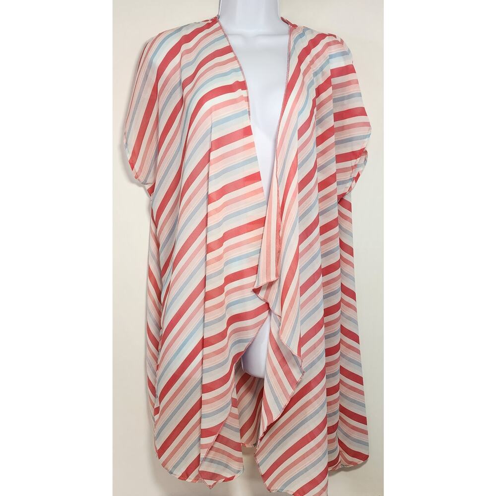 Studio B Sheer Striped Kimono Cardigan Red Blue Lightweight L